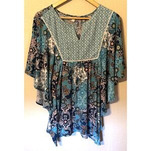 Cato Est 1946 Blue White Floral Paisley Flowy Top Blouse Womens L Boho Hippy